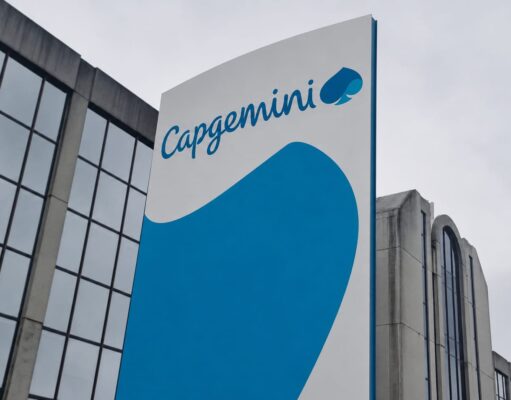 Capgemini corporate sign with blue curved graphic on a tall white panel beside a glass-front building exterior