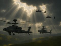 Three Apache-style helicopters fly in formation over rolling hills as sunbeams pierce dark clouds above a hazy landscape.