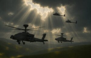 Three Apache-style helicopters fly in formation over rolling hills as sunbeams pierce dark clouds above a hazy landscape.