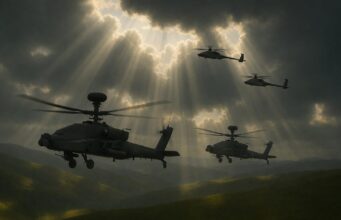 Three Apache-style helicopters fly in formation over rolling hills as sunbeams pierce dark clouds above a hazy landscape.