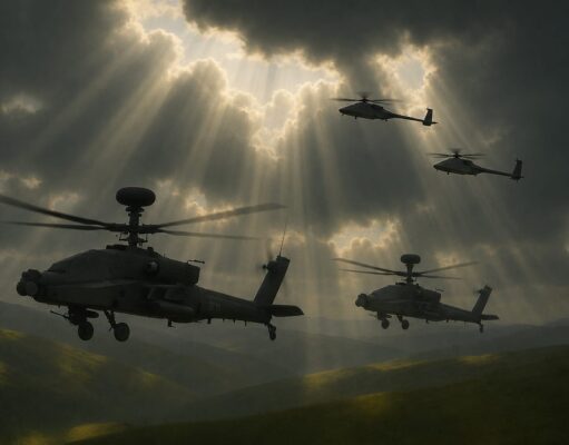 Three Apache-style helicopters fly in formation over rolling hills as sunbeams pierce dark clouds above a hazy landscape.