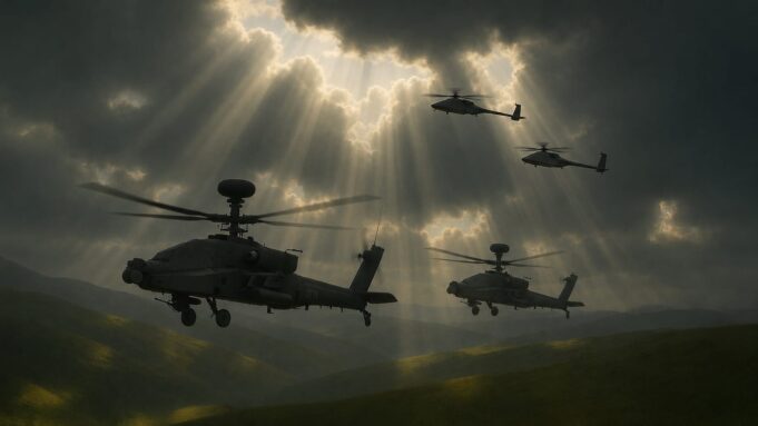 Three Apache-style helicopters fly in formation over rolling hills as sunbeams pierce dark clouds above a hazy landscape.
