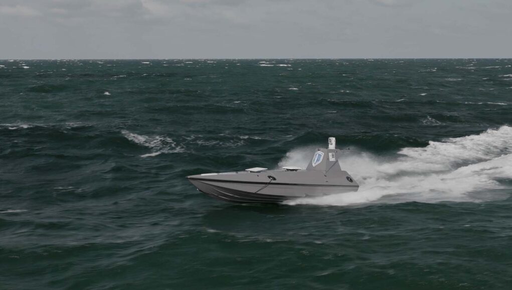 Screenshot Gray speedboat racing across choppy dark green ocean with white spray at the stern, under a cloudy sky.