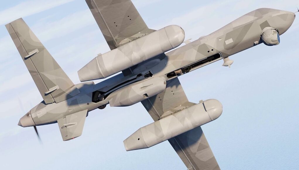 MQ9-AEWC Military unmanned drone in flight with its open payload bay visible.