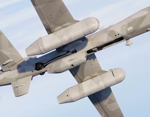 Military unmanned drone in flight with its open payload bay visible.