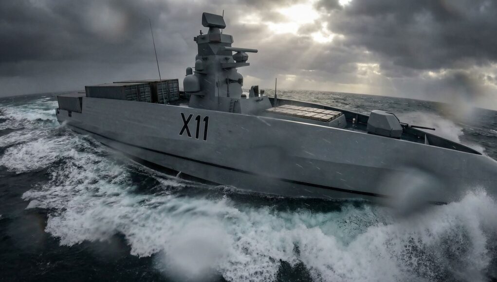 Gray military destroyer with hull marked X11 cuts through rough, stormy seas as spray and dark clouds loom overhead.