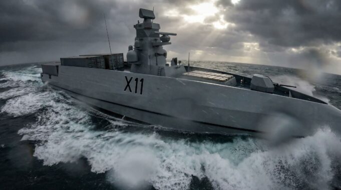 Gray military destroyer with hull marked X11 cuts through rough, stormy seas as spray and dark clouds loom overhead.