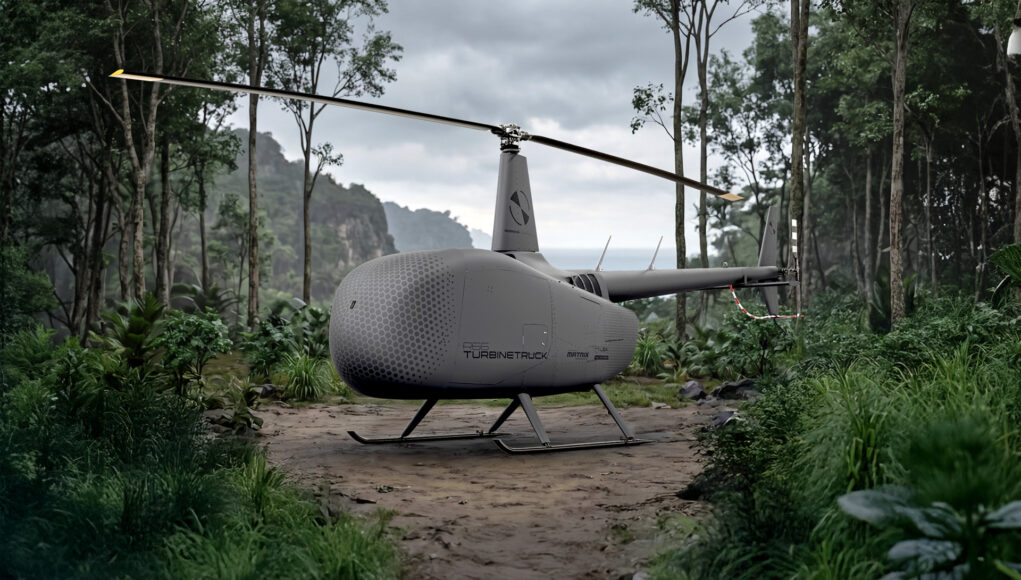 Grey autonomous helicopter drone with a two-bladed rotor on a forest path, rugged landing skids, surrounded by dense jungle.
