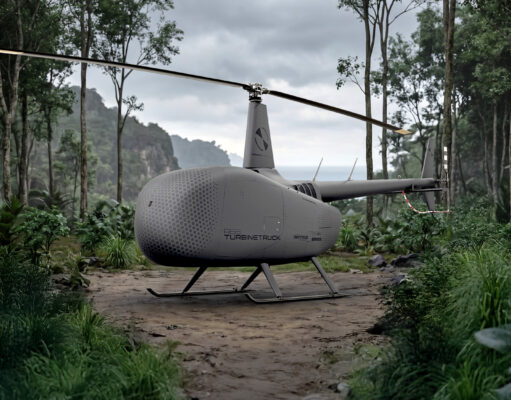 Grey autonomous helicopter drone with a two-bladed rotor on a forest path, rugged landing skids, surrounded by dense jungle.