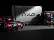 Black rugged avionics modules with gold round connectors and pink/blue label panels around a central RAD unit.