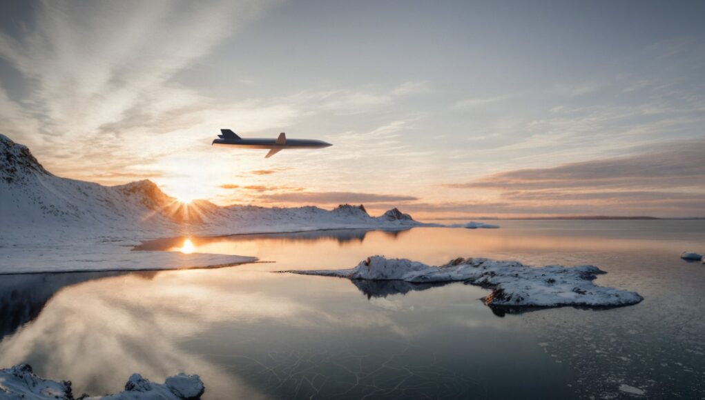 RUTA B3 Jet gliding over a snow-covered coastline at sunset, reflected in the calm icy water below.