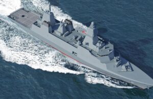 Modern gray destroyer cruising through open sea, bow to the right, leaving a frothy wake behind.