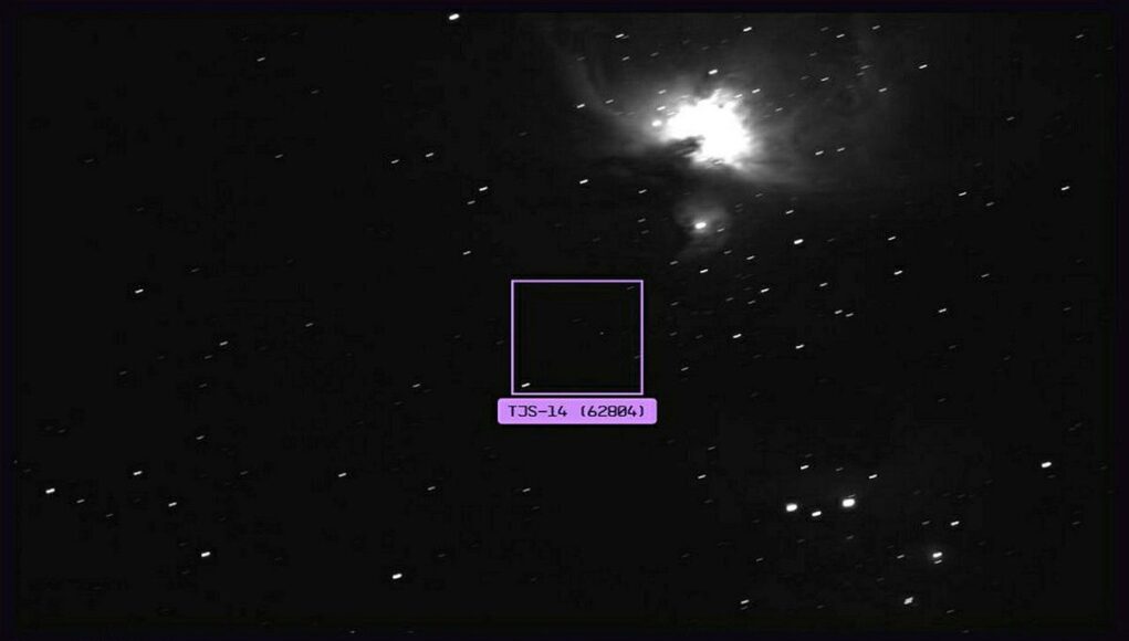 SPACE233 NOCTIS-1 sensor image of a star field with a square ROI around a dark region labeled TJS-14 (62804); 2026-03-06 17:33:53 UTC.