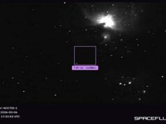 UK space threat detection system operational six months early NOCTIS-1 sensor image of a star field with a square ROI around a dark region labeled TJS-14 (62804); 2026-03-06 17:33:53 UTC.