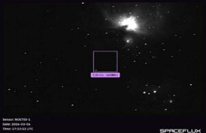 UK space threat detection system operational six months early NOCTIS-1 sensor image of a star field with a square ROI around a dark region labeled TJS-14 (62804); 2026-03-06 17:33:53 UTC.