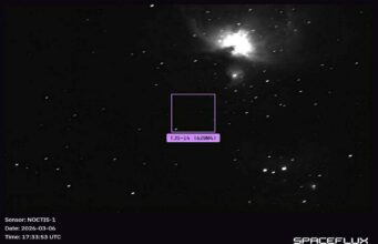 UK space threat detection system operational six months early NOCTIS-1 sensor image of a star field with a square ROI around a dark region labeled TJS-14 (62804); 2026-03-06 17:33:53 UTC.