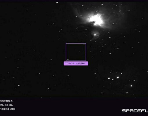 NOCTIS-1 sensor image of a star field with a square ROI around a dark region labeled TJS-14 (62804); 2026-03-06 17:33:53 UTC.