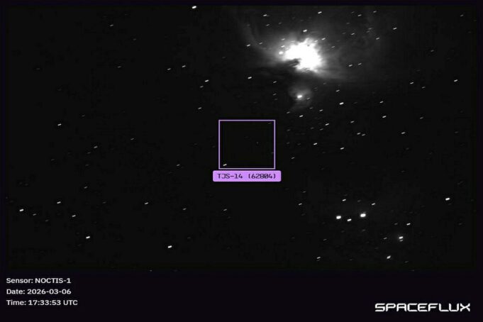 NOCTIS-1 sensor image of a star field with a square ROI around a dark region labeled TJS-14 (62804); 2026-03-06 17:33:53 UTC.