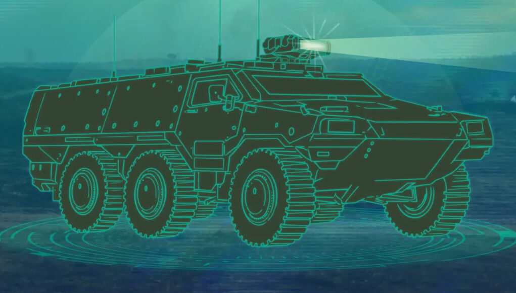 Stylized teal blueprint-style illustration of a wheeled armored personnel carrier with a turret on a blue background.