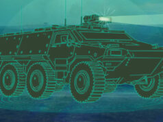 Stylized teal blueprint-style illustration of a wheeled armored personnel carrier with a turret on a blue background.