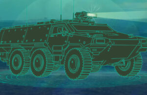 Dstl picks Thales for next-gen vehicle soft-kill tech Stylized teal blueprint-style illustration of a wheeled armored personnel carrier with a turret on a blue background.