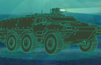 Stylized teal blueprint-style illustration of a wheeled armored personnel carrier with a turret on a blue background.