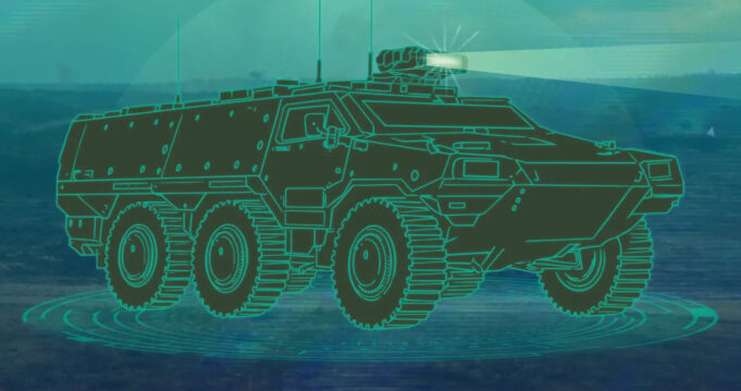 Dstl picks Thales for next-gen vehicle soft-kill tech Stylized teal blueprint-style illustration of a wheeled armored personnel carrier with a turret on a blue background.