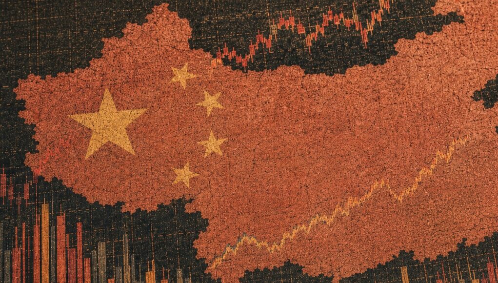 Cracked red silhouette of China with yellow stars over a rising stock chart background.