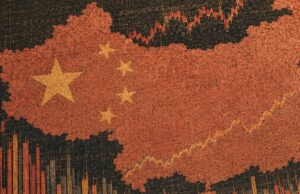 Cracked red silhouette of China with yellow stars over a rising stock chart background.