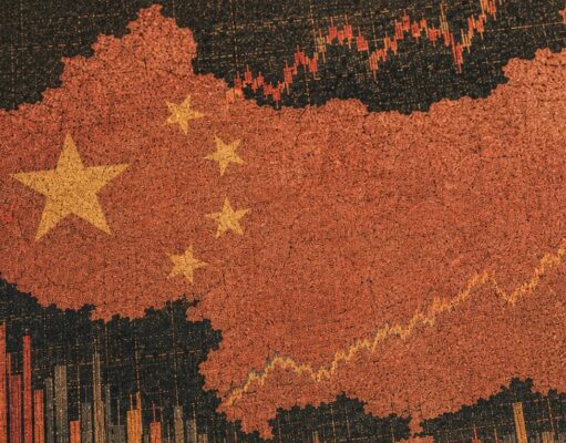EU targets Kyrgyzstan, but China question remains unanswered Cracked red silhouette of China with yellow stars over a rising stock chart background.
