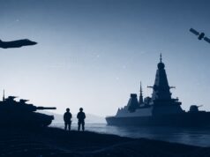 Silhouetted military scene with a tank on shore, two soldiers, a battleship, a jet overhead, and a satellite in a blue sky.