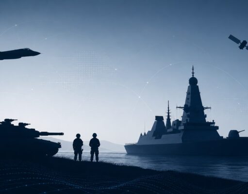 Silhouetted military scene with a tank on shore, two soldiers, a battleship, a jet overhead, and a satellite in a blue sky.