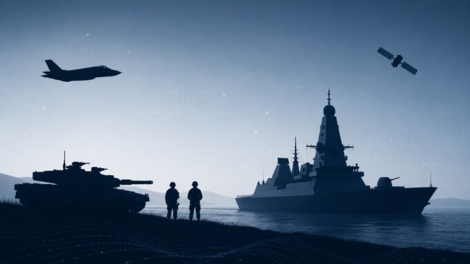 Silhouetted military scene with a tank on shore, two soldiers, a battleship, a jet overhead, and a satellite in a blue sky.