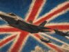 Three fighter jets soar over a distressed Union Jack background, leaving white smoke trails in red and blue.