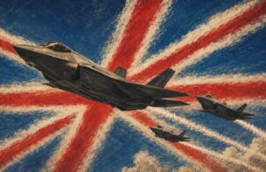 Three fighter jets soar over a distressed Union Jack background, leaving white smoke trails in red and blue.