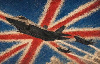 Britain is missing a rung on the nuclear ladder Three fighter jets soar over a distressed Union Jack background, leaving white smoke trails in red and blue.