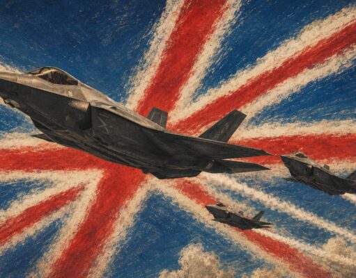 Britain is missing a rung on the nuclear ladder Three fighter jets soar over a distressed Union Jack background, leaving white smoke trails in red and blue.