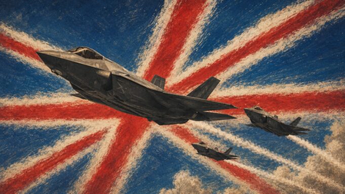 Britain is missing a rung on the nuclear ladder Three fighter jets soar over a distressed Union Jack background, leaving white smoke trails in red and blue.