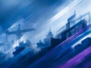 Scottish defence summit to map supply chain routes Abstract blue industrial scene with cranes and a ship silhouette, overlaid by diagonal light streaks and color bands.