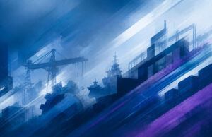 Abstract blue industrial scene with cranes and a ship silhouette, overlaid by diagonal light streaks and color bands.