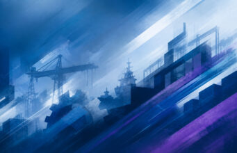 Scottish defence summit to map supply chain routes Abstract blue industrial scene with cranes and a ship silhouette, overlaid by diagonal light streaks and color bands.