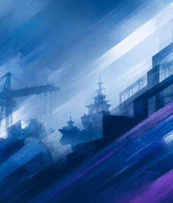 Britain told it can lead world in metamaterials Abstract blue industrial scene with cranes and a ship silhouette, overlaid by diagonal light streaks and color bands.