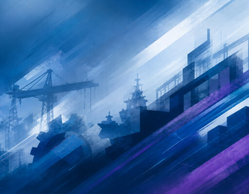 Scottish defence summit to map supply chain routes Abstract blue industrial scene with cranes and a ship silhouette, overlaid by diagonal light streaks and color bands.