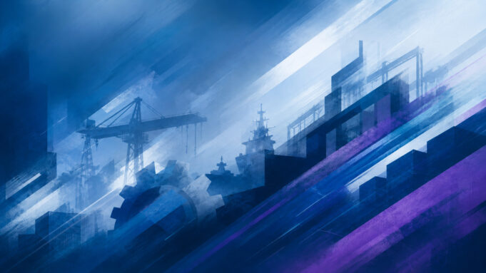 Abstract blue industrial scene with cranes and a ship silhouette, overlaid by diagonal light streaks and color bands.