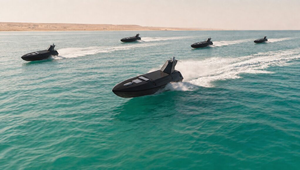 Five black speedboats race across turquoise water, leaving white wake with a sandy desert coastline in the background.