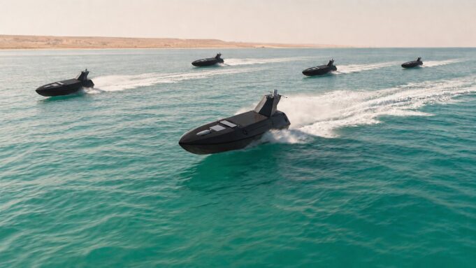 Five black speedboats race across turquoise water, leaving white wake with a sandy desert coastline in the background.