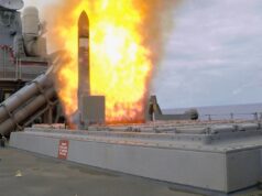 Royal Navy long-range sub-hunting missile still in concept phase Missile launches from a naval ship's launcher with a large orange flame plume surrounding the rocket.