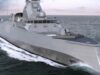 France beats UK in Sweden frigate contest Gray stealth destroyer sailing at sea, angular superstructure cutting through white water.
