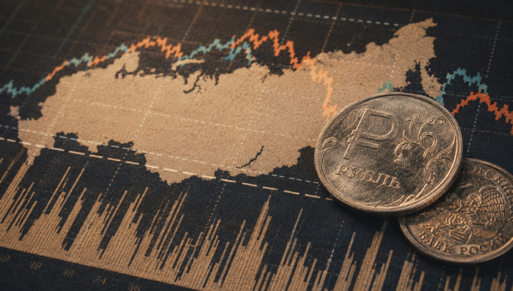 Russian ruble coins placed on a stock market chart showing fluctuating lines and data.