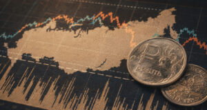 Russian ruble coins placed on a stock market chart showing fluctuating lines and data.